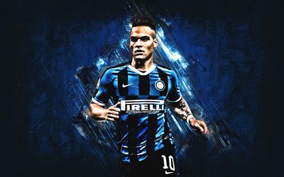 Lautaro Martinez, Inter Milan FC, portrait, Argentinean footballer, striker, FC Internazionale, blue stone background, Serie A, football