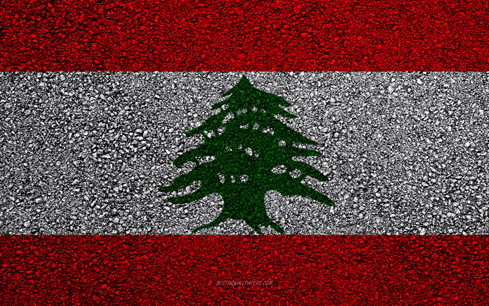 Flag of Lebanon, asphalt texture, flag on asphalt, Lebanon flag, Asia, Lebanon, flags of Asia countries