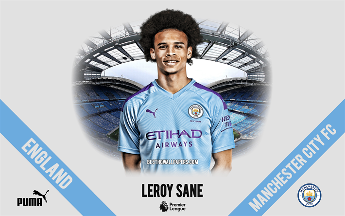 Leroy Sane, Manchester City FC, portrait, German footballer, striker, Premier League, England, Manchester City footballers 2020, football, Etihad Stadium