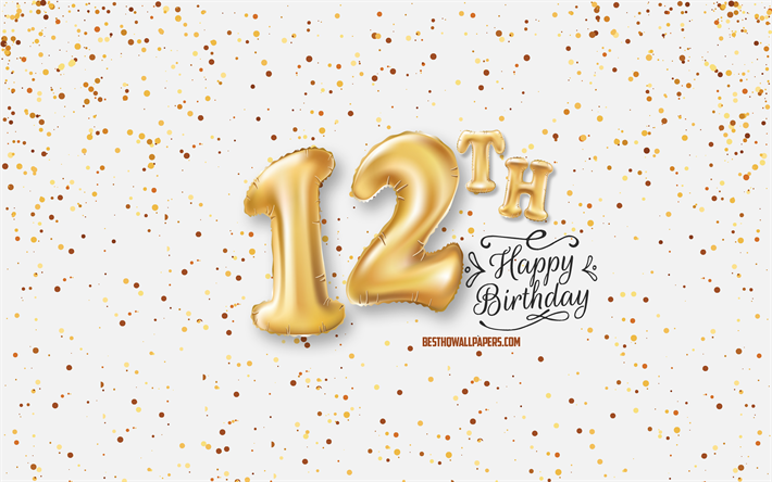 12日お誕生日おめで, 3d風船の文字, お誕生の背景と風船, 12歳の誕生日, 嬉しい12歳の誕生日, 白背景, お誕生日おめで, ご挨拶カード