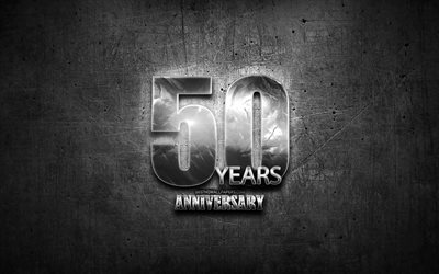 50周年記念, 白銀号, 創造, 周年記念の概念, 創立50周年記念, 灰色の金属の背景, 銀創立50周年記念サイン