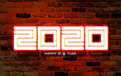 4k, 2020 orange neon digits, artwork, Happy New Year 2020, orange brickwall, 2020 neon art, 2020 concepts, orange neon digits, 2020 on orange background, 2020 year digits