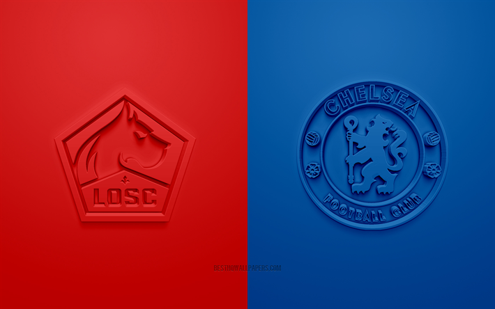 LOSC Lille vs Chelsea FC, Ligue des Champions, 2019, promo, match de football, Groupe H de l&#39;UEFA, l&#39;Europe, le LOSC Lille, Chelsea FC, art 3d, logo 3d, Lille vs Chelsea