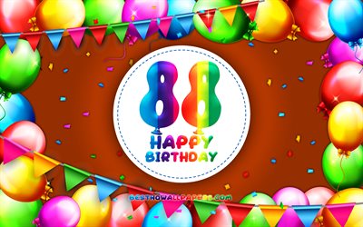 Heureux 88e anniversaire, 4k, color&#233; ballon cadre, F&#234;te d&#39;Anniversaire, fond orange, Heureux De 88 Ans, cr&#233;atif, 88e anniversaire, Anniversaire concept, 88e Anniversaire