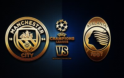 Manchester City vs Atalanta, Gruppo C di UEFA Champions League, stagione 2019-2020, logo dorato, Manchester City FC, Atalanta FC, UEFA, Manchester City FC vs Atalanta FC