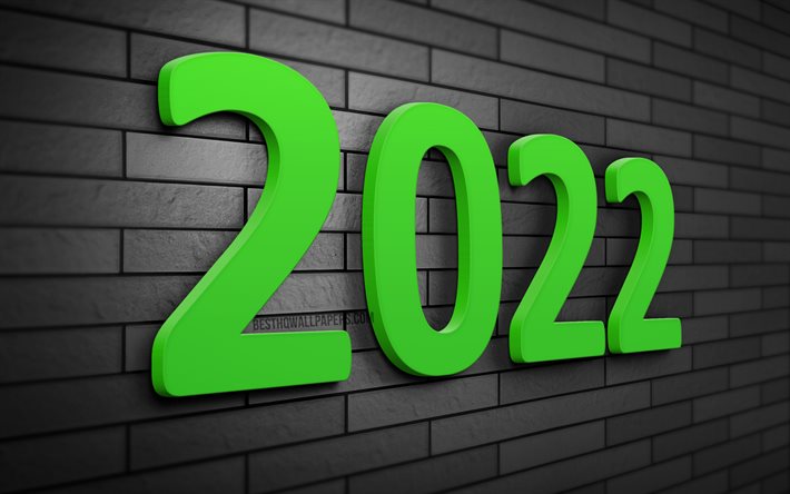 2022 cifre 3D verdi, 4k, muro di mattoni grigi, 2022 concetti aziendali, Felice Anno Nuovo 2022, creativo, 2022 nuovo anno, 2022 su sfondo grigio, 2022 concetti, 2022 cifre dell&#39;anno