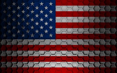 USA flag, 3d hexagons texture, USA, 3d texture, USA 3d flag, metal texture, flag of USA, American flag