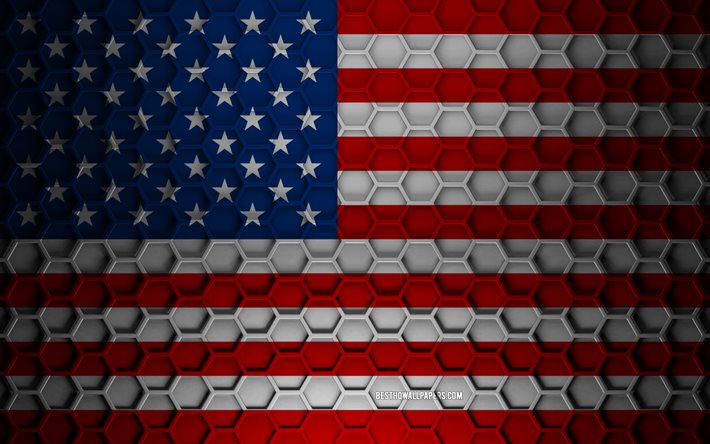 Bandiera USA, trama di esagoni 3d, USA, trama 3d, bandiera USA 3d, trama metallica, bandiera degli Stati Uniti, bandiera americana