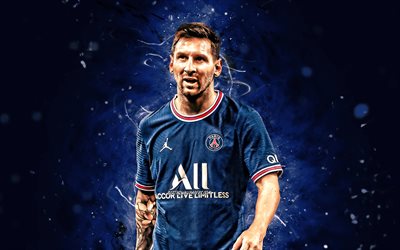 4k, Lionel Messi PSG, 2021, luces de neón azules, Paris Saint-Germain, futbolistas argentinos, estrellas del fútbol, Leo Messi, fútbol, Messi, PSG, Ligue 1, Lionel Messi 4K, Lionel Messi Paris Saint- Germain