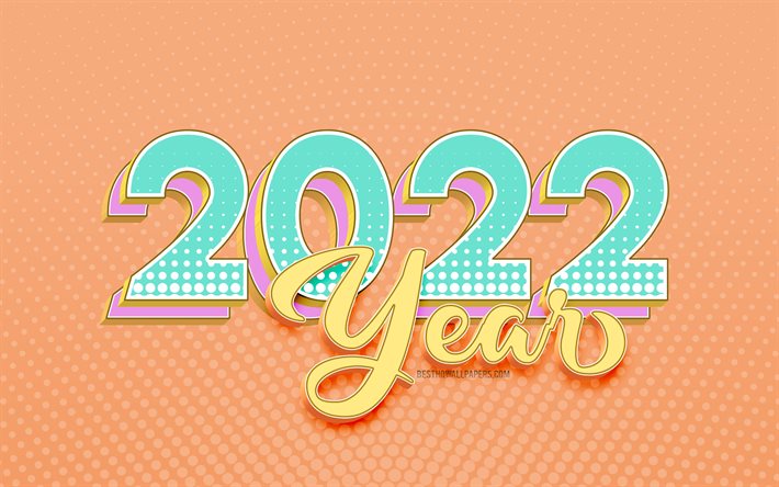 2022年正月, 4k, オレンジ色のレトロな背景, 明けましておめでとうございます, レトロアート, 2022年のコンセプト, 2022年のレトロな背景, 新しい2022年