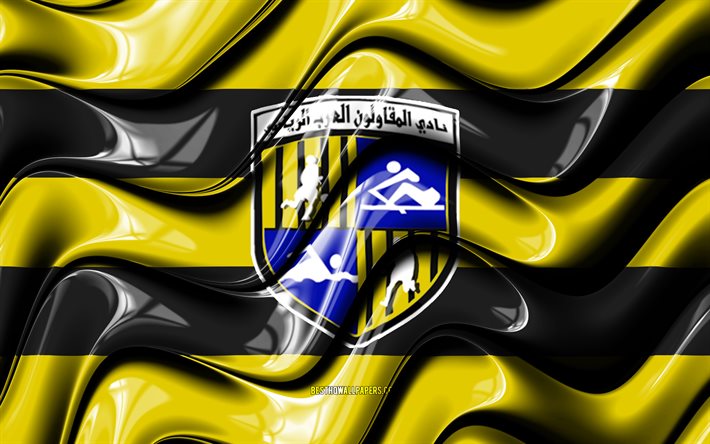 Drapeau des entrepreneurs arabes, 4k, vagues 3D jaunes et noires, EPL, club de football &#233;gyptien, football, logo des entrepreneurs arabes, Premier League &#233;gyptienne, ARAB Contractors FC
