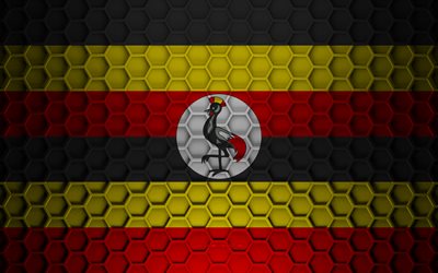 Uganda flag, 3d hexagons texture, Uganda, 3d texture, Uganda 3d flag, metal texture, flag of Uganda
