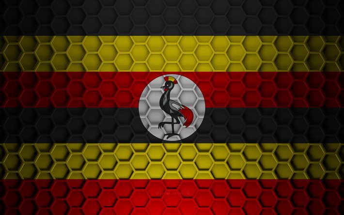Bandeira de Uganda, textura de hex&#225;gonos 3d, Uganda, textura 3d, bandeira 3d uganda, textura met&#225;lica, bandeira de Uganda