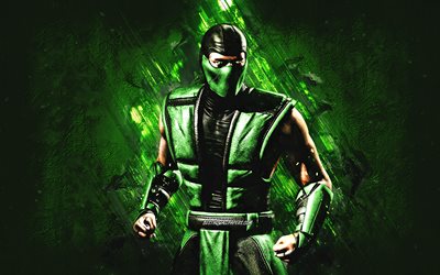 Rettile, Mortal Kombat, sfondo di pietra verde, Mortal Kombat 11, Arte grunge rettile, Personaggi di Mortal Kombat, Personaggio Rettile