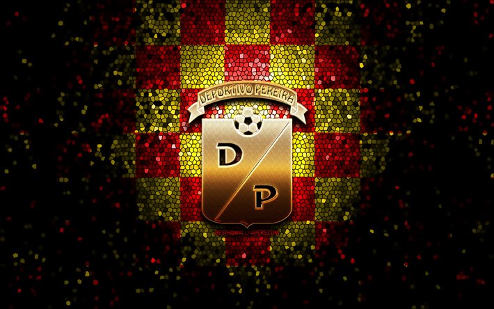 Deportivo Pereira FC, parıltılı logo, Categoria Primera A, kırmızı sarı damalı arka plan, futbol, Kolombiya futbol kul&#252;b&#252;, Deportivo Pereira logosu, mozaik sanatı, FC Deportivo Pereira, Kolombiya futbol ligi