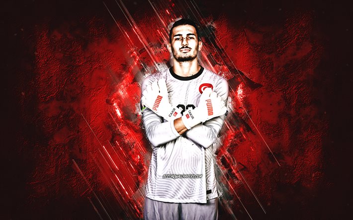 Ugurcan Cakir, Turkin jalkapallomaajoukkue, turkkilainen jalkapalloilija, maalivahti, muotokuva, punakivitausta, jalkapallo, Turkki