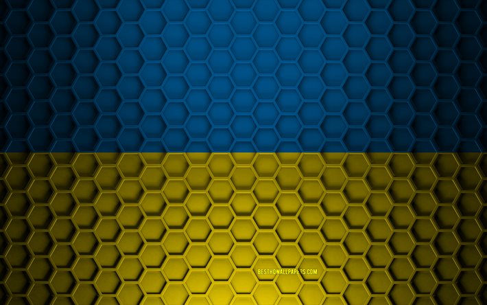 Ukraine flag, 3d hexagons texture, Ukraine, 3d texture, Ukraine 3d flag, metal texture, flag of Ukraine