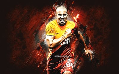 Sofiane Feghouli, Galatasaray, Algerian footballer, midfielder, orange stone background, soccer, Turkey