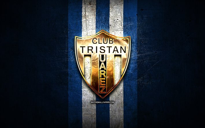 Tristan Suarez FC, kultainen logo, Primera Nacional, sininen metallitausta, jalkapallo, argentiinalainen jalkapalloseura, CSyD Tristan Suarez -logo, CSyD Tristan Suarez, Argentiina