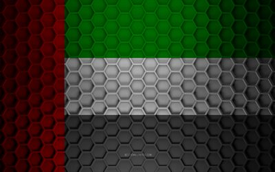 United Arab Emirates flag, UAE, 3d hexagons texture, United Arab Emirates, 3d texture, United Arab Emirates 3d flag, metal texture, flag of United Arab Emirates, UAE flag