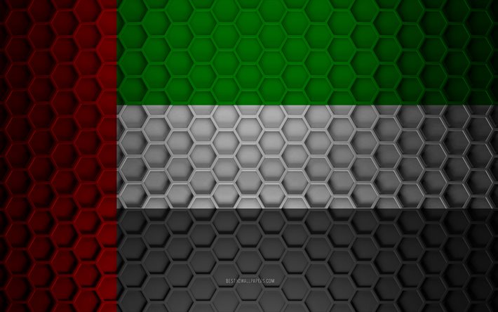 Bandeira dos Emirados &#193;rabes Unidos, Emirados &#193;rabes Unidos, textura de hex&#225;gonos 3D, textura 3D, textura de metal, bandeira dos Emirados &#193;rabes Unidos
