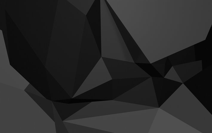 formes géométriques noires, 4k, fond noir low poly, créatif, textures géométriques, formes géométriques, fond géométrique noir