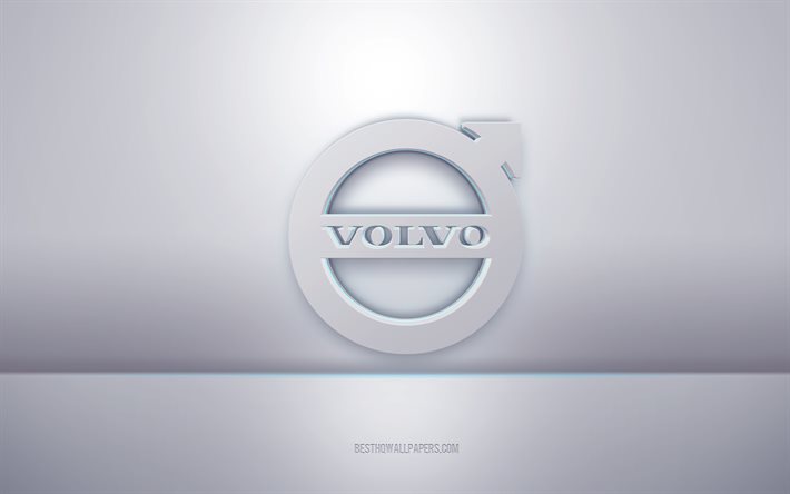Logo bianco 3d Volvo, sfondo grigio, logo Volvo, arte 3d creativa, Volvo, emblema 3d