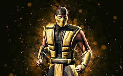 Classic Scorpion, 4k, yellow neon lights, Mortal Kombat Mobile, fighting games, MK Mobile, creative, Mortal Kombat, Classic Scorpion Mortal Kombat