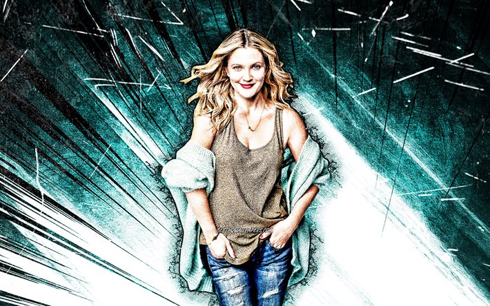4k, Drew Barrymore, art grunge, Hollywood, actrice am&#233;ricaine, stars de cin&#233;ma, Drew Blythe Barrymore, rayons abstraits turquoise, c&#233;l&#233;brit&#233; am&#233;ricaine, Drew Barrymore 4K