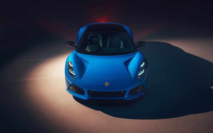 2023, Lotus Emira, esterno, vista dall&#39;alto, auto sportiva blu, nuova Emira blu, auto sportive britanniche, Lotus