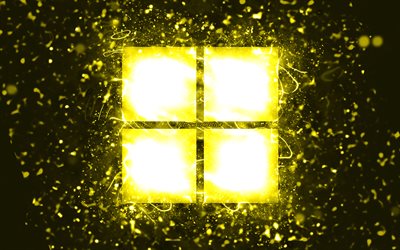 Microsoft yellow logo, 4k, yellow neon lights, creative, yellow abstract background, Microsoft logo, Windows 11 logo, brands, Microsoft