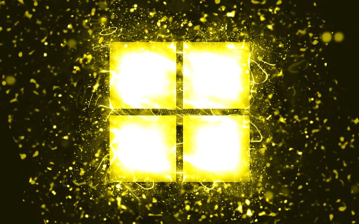 Microsoft yellow logo, 4k, yellow neon lights, creative, yellow abstract background, Microsoft logo, Windows 11 logo, brands, Microsoft