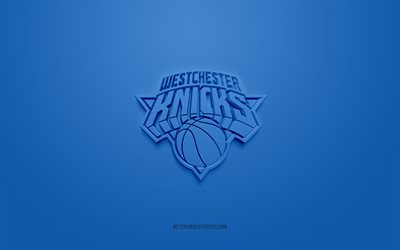 Westchester Knicks, creative 3D logo, blue background, NBA G League, 3d emblem, American Basketball Club, New York, USA, 3d art, basketball, Westchester Knicks 3d logo