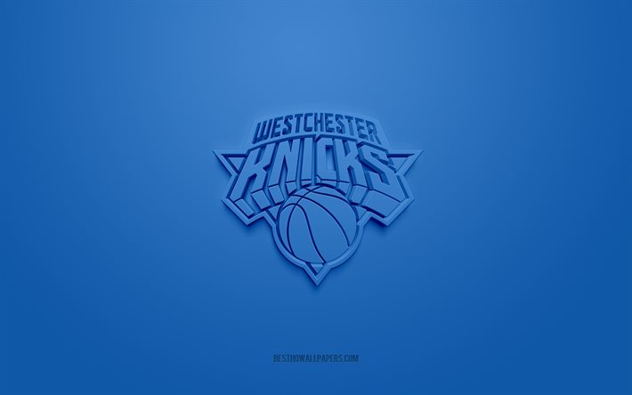 Westchester Knicks, logo 3D creativo, sfondo blu, NBA G League, emblema 3d, American Basketball Club, New York, USA, arte 3d, basket, logo 3d Westchester Knicks