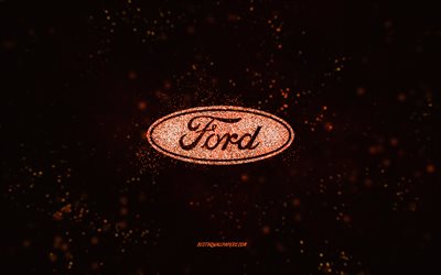 Ford glitter logo, 4k, black background, Ford logo, orange glitter art, Ford, creative art, Ford orange glitter logo