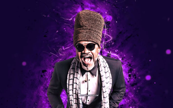 Carlinhos Brown, 4k, mor neon ışıklar, Brezilyalı şarkıcı, m&#252;zik yıldızları, Antonio Carlos Santos de Freitas, Brezilyalı &#252;nl&#252; Carlinhos Brown 4K