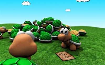 tortues 3D dessinées, Mario, créatif, art 3D, tortues, personnages de dessins animés, animaux de dessins animés