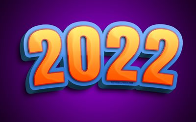 4k, chiffres 3D orange 2022, bonne ann&#233;e 2022, abstrait violet, concepts 2022, art pour enfants, nouvel an 2022, 2022 sur fond violet, chiffres de l&#39;ann&#233;e 2022