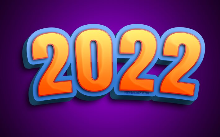 4k, 2022 oranssia 3D -numeroa, hyv&#228;&#228; uutta vuotta 2022, violetti abstrakti tausta, 2022 k&#228;sitteet, lasten taide, 2022 uusi vuosi, 2022 violetti tausta, 2022 vuoden numerot