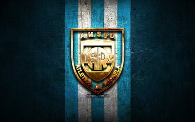 Atletico de Rafaela FC, golden logo, Primera Nacional, blue metal background, football, argentinian football club, Atletico de Rafaela logo, soccer, Atletico de Rafaela, Argentina, AMSyD Atletico de Rafaela