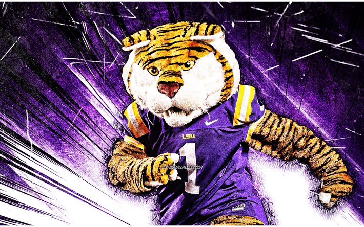 4k, Mike the Tiger, art grunge, mascotte, LSU Tigers, NCAA, rayons abstraits violets, mascotte LSU Tigers, mascottes NCAA, mascotte officielle, mascotte Mike the Tiger