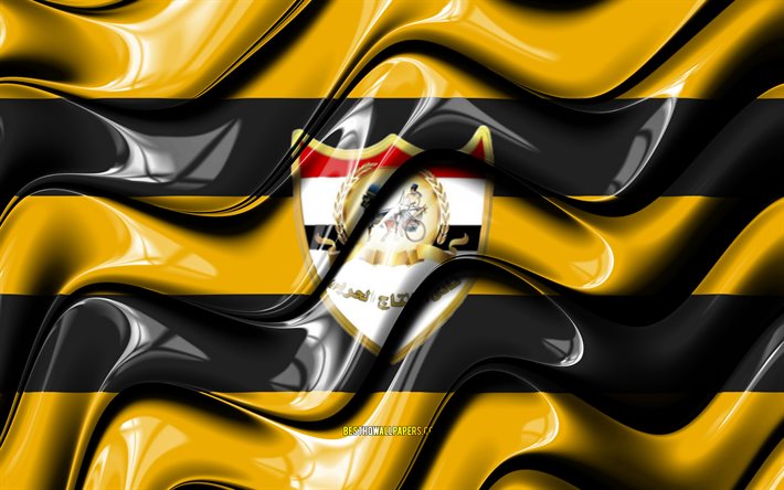 El Entag El Harby flag, 4k, yellow and black 3D waves, EPL, egyptian football club, football, El Entag El Harby logo, Egyptian Premier League, El Entag El Harby FC, soccer, El Entag El Harby SC