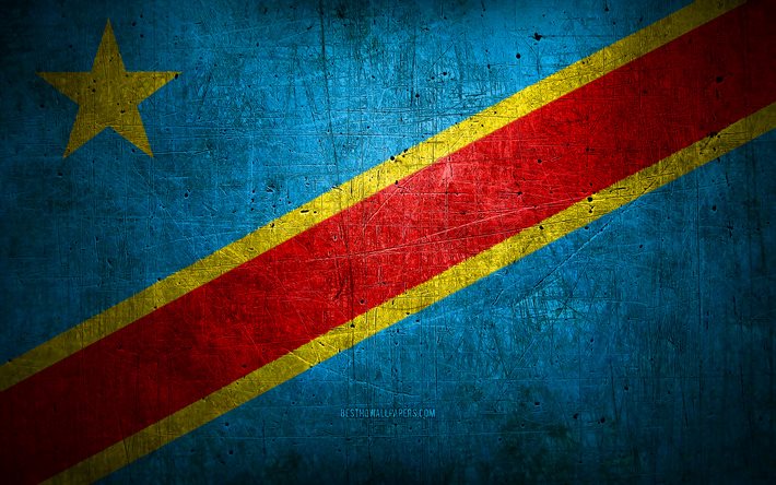 Democratic Republic of Congo metal flag, grunge art, African countries, Day of DRC, national symbols, Democratic Republic of Congo flag, metal flags, Flag of DRC, Africa, Democratic Republic of Congo