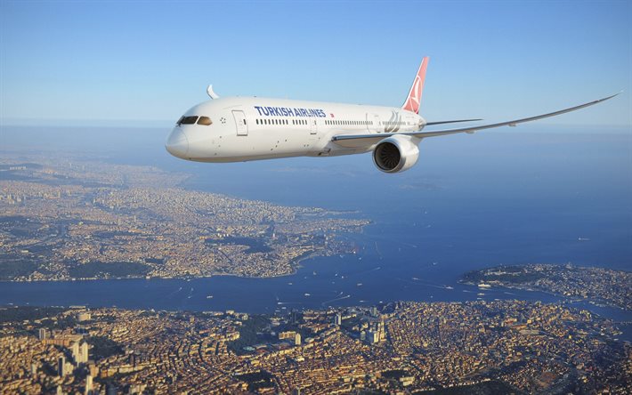 Turkish Airlines, avi&#227;o de passageiros, Istambul de cima, panorama de Istambul, B&#243;sforo de cima, Istambul, Turquia, transporte de passageiros
