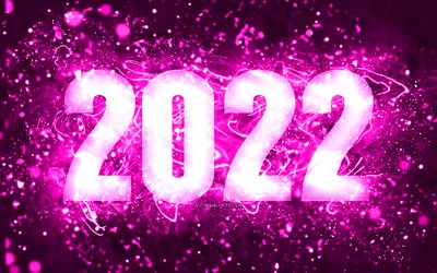 4k, Felice Anno Nuovo 2022, luci al neon viola, 2022 concetti, 2022 nuovo anno, 2022 su sfondo viola, 2022 cifre dell&#39;anno, 2022 cifre viola