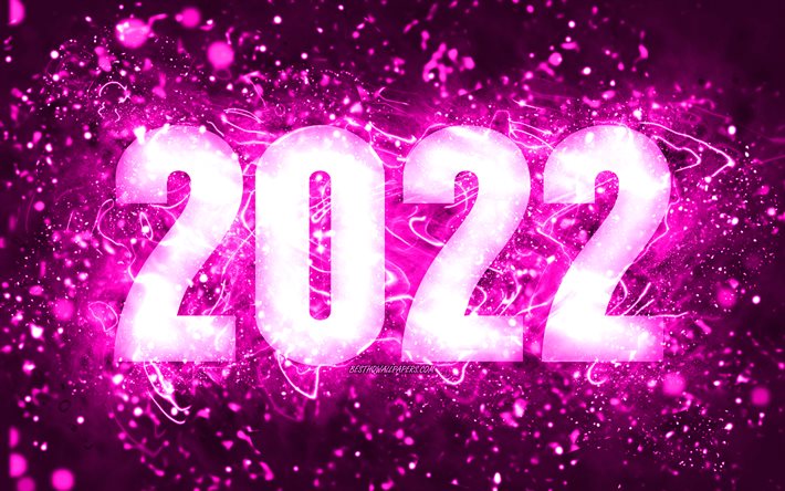4k, bonne année 2022, néons violets, concepts 2022, nouvel an 2022, 2022 sur fond violet, chiffres de l'année 2022, chiffres violets 2022