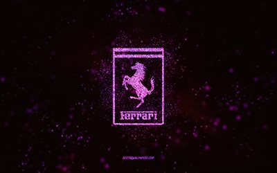 Ferrari glitter logo, 4k, black background, Ferrari logo, purple glitter art, Ferrari, creative art, Ferrari purple glitter logo