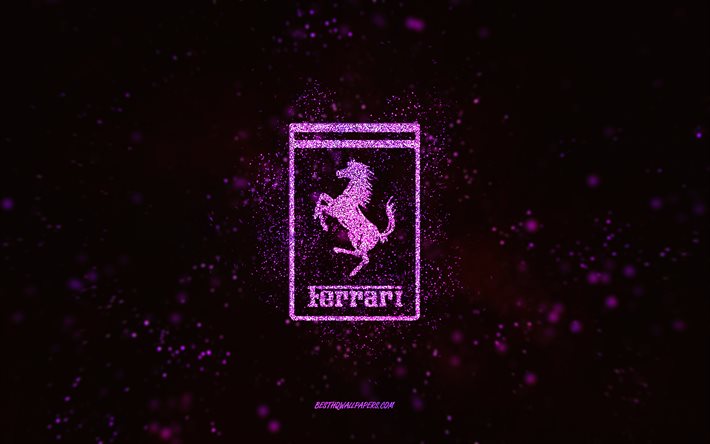 Ferrari glitter logo, 4k, black background, Ferrari logo, purple glitter art, Ferrari, creative art, Ferrari purple glitter logo