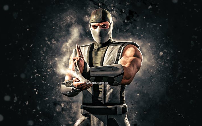 Smoke, 4k, luzes de n&#233;on brancas, Mortal Kombat Mobile, jogos de luta, MK Mobile, criativo, Mortal Kombat, Smoke Mortal Kombat