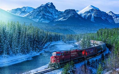 Canada, winter, beautiful nature, railway, cargo train, mountains, lake, Canadian Pacific Railway, North America, HDR